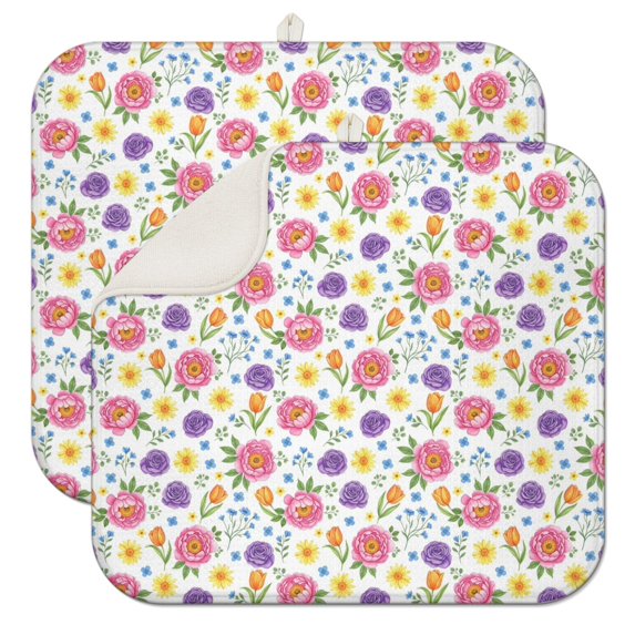 Pioneer Flower Floral Print Pattern Kitchen Dish Drying Mat 1 Pack, Ultra Absorbent Microfiber Drainer Mat, 16"x18"
