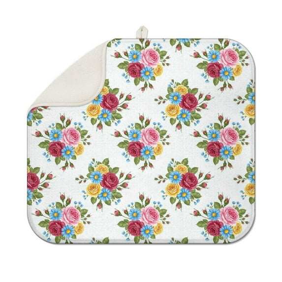 Pioneer Flower Floral Print Pattern Kitchen Dish Drying Mat 1 Pack, Ultra Absorbent Microfiber Drainer Mat, 16"x18"