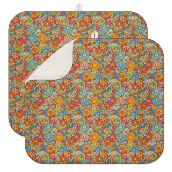 Pioneer Flower Floral Print Pattern Kitchen Dish Drying Mat 1 Pack, Ultra Absorbent Microfiber Drainer Mat, 16"x18"