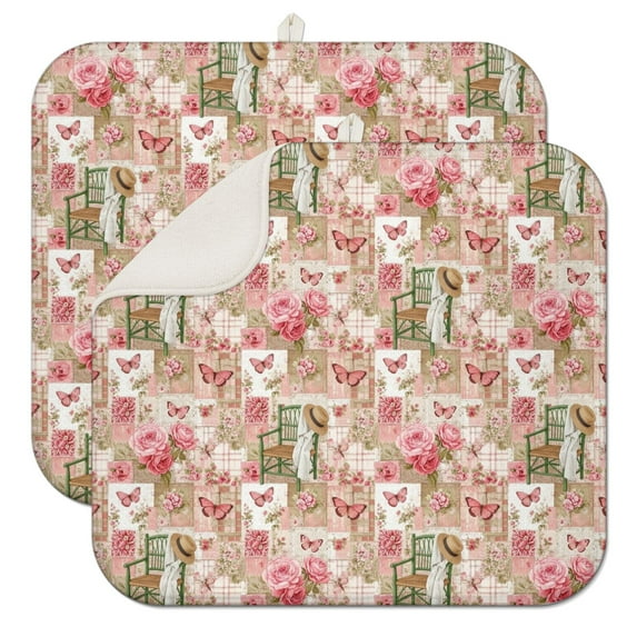 Pioneer Flower Floral Print Pattern Kitchen Dish Drying Mat 1 Pack, Ultra Absorbent Microfiber Drainer Mat, 16"x18"