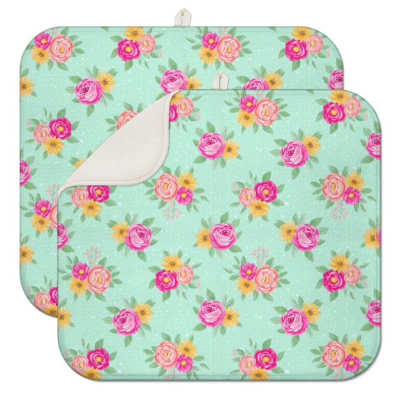 Pioneer Flower Floral Print Pattern Kitchen Dish Drying Mat 1 Pack, Ultra Absorbent Microfiber Drainer Mat, 16"x18"