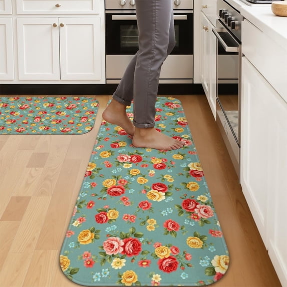 Pioneer Flower Floral Print Pattern Kitchen Mat Set Of 2,Anti-Fatigue Floor Mats, Non-Slip Standing Mats for Kitchen, 47x17 and 30x17 Inches