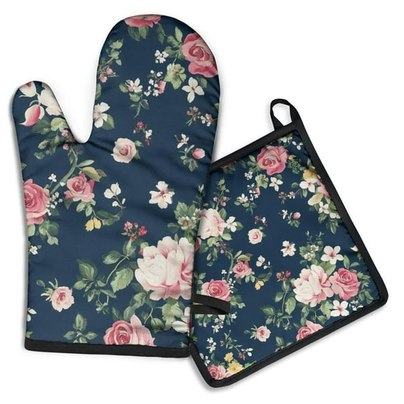 Pioneer Flower Floral Print Pattern Kitchen Oven Mitt and Pot Holder Sets 2 Pcs for Baking, Cooking and Grilling, Heat Resistant Up To 392 °F