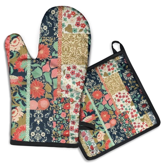 Pioneer Flower Floral Print Pattern Kitchen Oven Mitt and Pot Holder Sets 2 Pcs for Baking, Cooking and Grilling, Heat Resistant Up To 392 °F