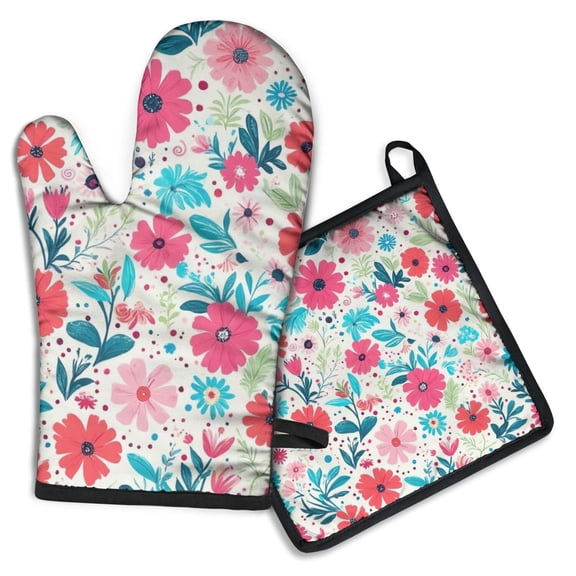 Pioneer Flower Floral Print Pattern Kitchen Oven Mitt and Pot Holder Sets 2 Pcs for Baking, Cooking and Grilling, Heat Resistant Up To 392 °F