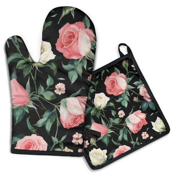 Pioneer Flower Floral Print Pattern Kitchen Oven Mitt and Pot Holder Sets 2 Pcs for Baking, Cooking and Grilling, Heat Resistant Up To 392 °F