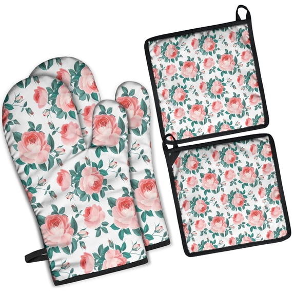 Pioneer Flower Floral Print Pattern Kitchen Oven Mitt and Pot Holder Sets 2 Pcs for Baking, Cooking and Grilling, Heat Resistant Up To 392 °F