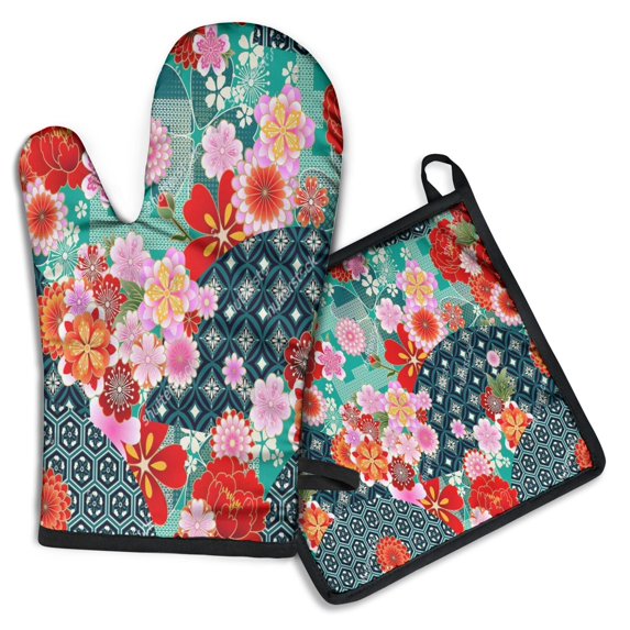 Pioneer Flower Floral Print Pattern Kitchen Oven Mitt and Pot Holder Sets 2 Pcs for Baking, Cooking and Grilling, Heat Resistant Up To 392 °F