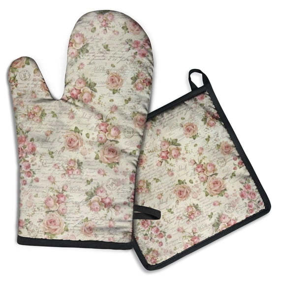 Pioneer Flower Floral Print Pattern Kitchen Oven Mitt and Pot Holder Sets 2 Pcs for Baking, Cooking and Grilling, Heat Resistant Up To 392 °F