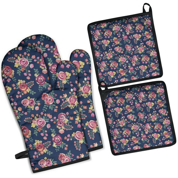 Pioneer Flower Floral Print Pattern Kitchen Oven Mitt and Pot Holder Sets 2 Pcs for Baking, Cooking and Grilling, Heat Resistant Up To 392 °F