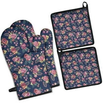 Pioneer Flower Floral Print Pattern Kitchen Oven Mitt and Pot Holder Sets 2 Pcs for Baking, Cooking and Grilling, Heat Resistant Up To 392 °F