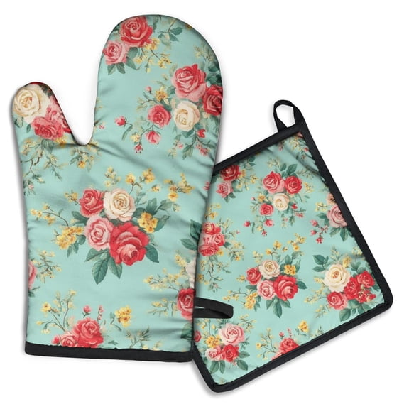 Pioneer Flower Floral Print Pattern Kitchen Oven Mitt and Pot Holder Sets 2 Pcs for Baking, Cooking and Grilling, Heat Resistant Up To 392 °F