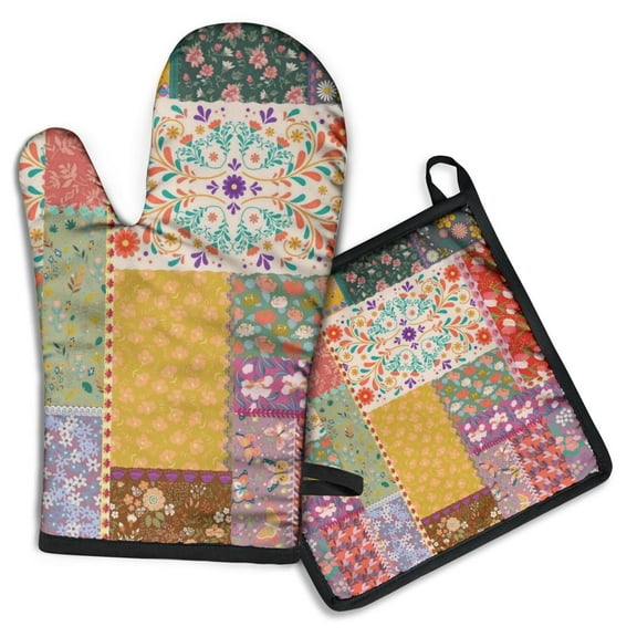Pioneer Flower Floral Print Pattern Kitchen Oven Mitt and Pot Holder Sets 2 Pcs for Baking, Cooking and Grilling, Heat Resistant Up To 392 °F