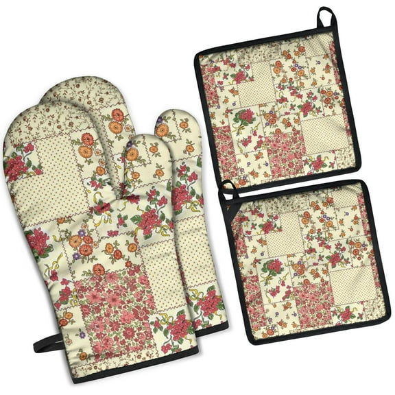 Pioneer Flower Floral Print Pattern Kitchen Oven Mitt and Pot Holder Sets 2 Pcs for Baking, Cooking and Grilling, Heat Resistant Up To 392 °F