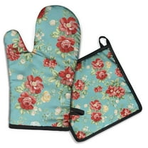 Pioneer Flower Floral Print Pattern Kitchen Oven Mitt and Pot Holder Sets 2 Pcs for Baking, Cooking and Grilling, Heat Resistant Up To 392 °F