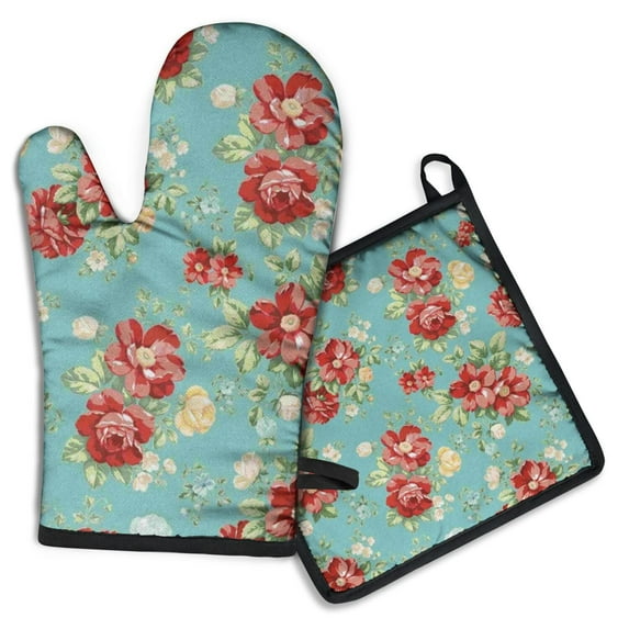Pioneer Flower Floral Print Pattern Kitchen Oven Mitt and Pot Holder Sets 2 Pcs for Baking, Cooking and Grilling, Heat Resistant Up To 392 °F