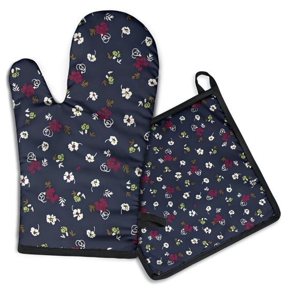 Pioneer Flower Floral Print Pattern Kitchen Oven Mitt and Pot Holder Sets 2 Pcs for Baking, Cooking and Grilling, Heat Resistant Up To 392 °F