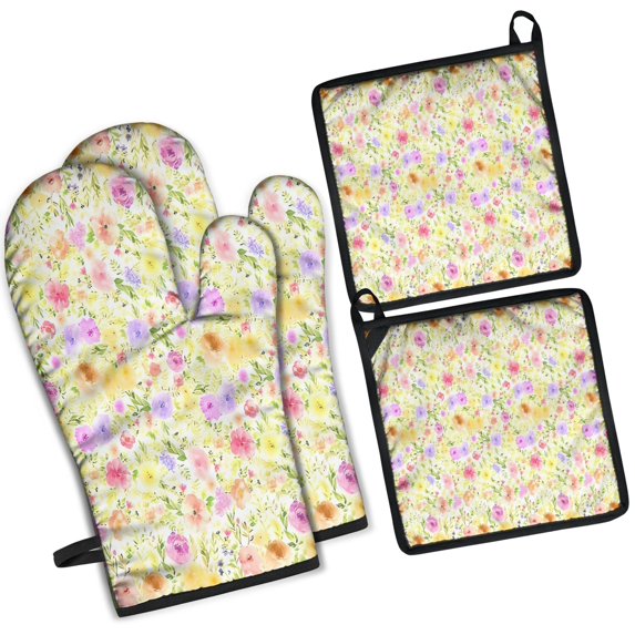 Pioneer Flower Floral Print Pattern Kitchen Oven Mitt and Pot Holder Sets 2 Pcs for Baking, Cooking and Grilling, Heat Resistant Up To 392 °F