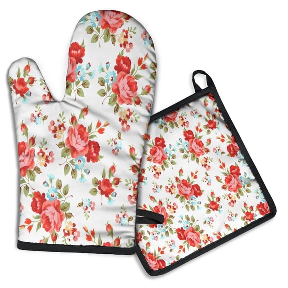 Pioneer Flower Floral Print Pattern Kitchen Oven Mitt and Pot Holder Sets 2 Pcs for Baking, Cooking and Grilling, Heat Resistant Up To 392 °F