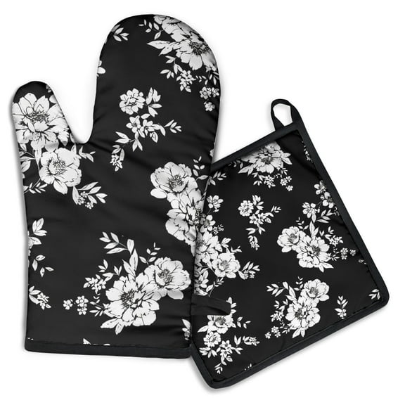 Pioneer Flower Floral Print Pattern Kitchen Oven Mitt and Pot Holder Sets 2 Pcs for Baking, Cooking and Grilling, Heat Resistant Up To 392 °F
