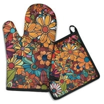 Pioneer Flower Floral Print Pattern Kitchen Oven Mitt and Pot Holder Sets 2 Pcs for Baking, Cooking and Grilling, Heat Resistant Up To 392 °F
