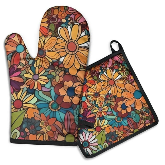 Pioneer Flower Floral Print Pattern Kitchen Oven Mitt and Pot Holder Sets 2 Pcs for Baking, Cooking and Grilling, Heat Resistant Up To 392 °F