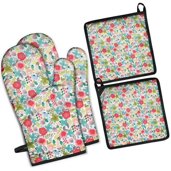 Pioneer Flower Floral Print Pattern Kitchen Oven Mitt and Pot Holder Sets 2 Pcs for Baking, Cooking and Grilling, Heat Resistant Up To 392 °F