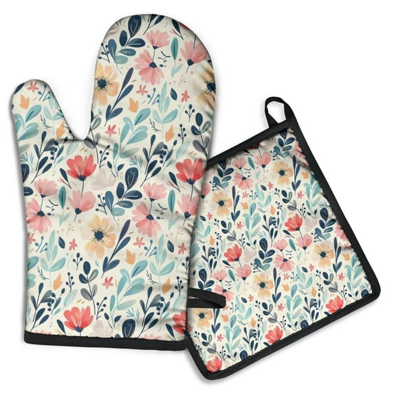 Pioneer Flower Floral Print Pattern Kitchen Oven Mitt and Pot Holder Sets 2 Pcs for Baking, Cooking and Grilling, Heat Resistant Up To 392 °F