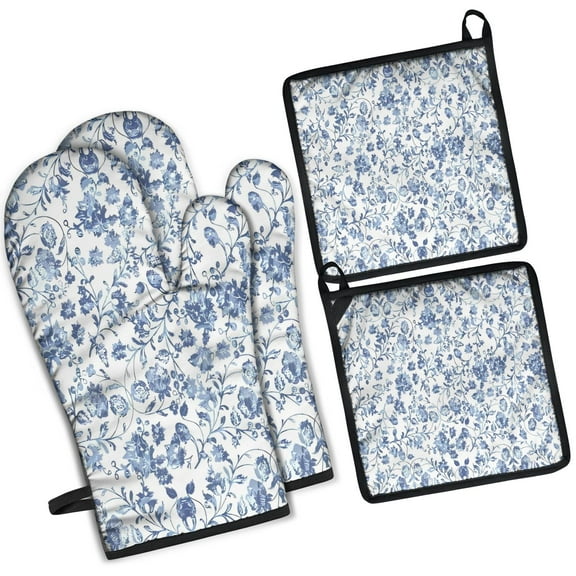 Pioneer Flower Floral Print Pattern Kitchen Oven Mitt and Pot Holder Sets 2 Pcs for Baking, Cooking and Grilling, Heat Resistant Up To 392 °F