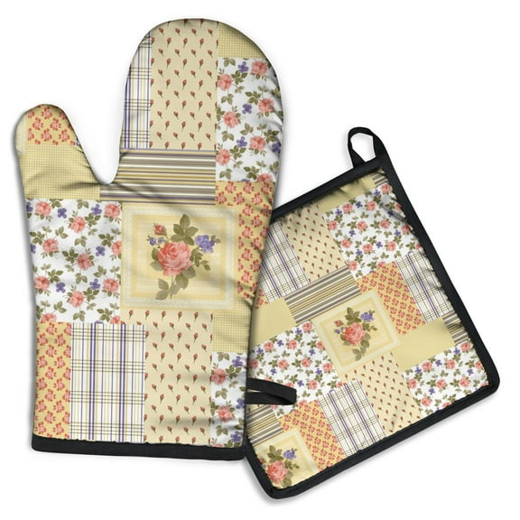 Pioneer Flower Floral Print Pattern Kitchen Oven Mitt and Pot Holder Sets 2 Pcs for Baking, Cooking and Grilling, Heat Resistant Up To 392 °F
