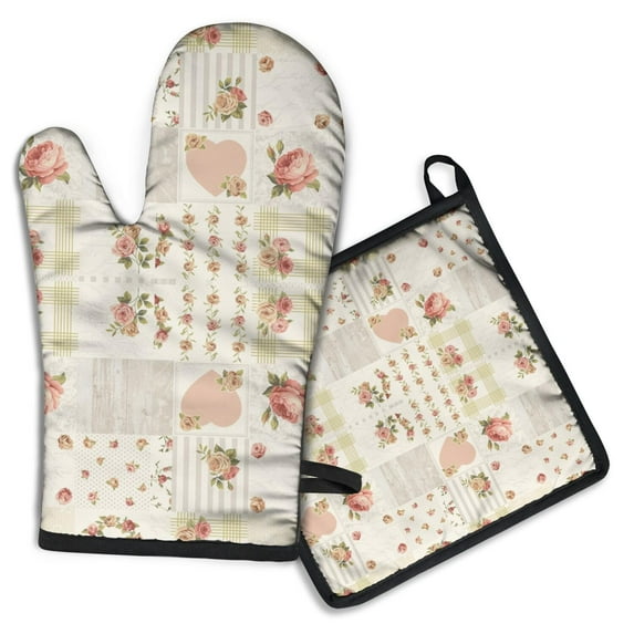 Pioneer Flower Floral Print Pattern Kitchen Oven Mitt and Pot Holder Sets 2 Pcs for Baking, Cooking and Grilling, Heat Resistant Up To 392 °F