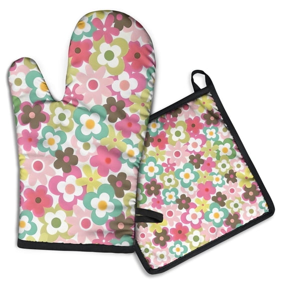 Pioneer Flower Floral Print Pattern Kitchen Oven Mitt and Pot Holder Sets 2 Pcs for Baking, Cooking and Grilling, Heat Resistant Up To 392 °F