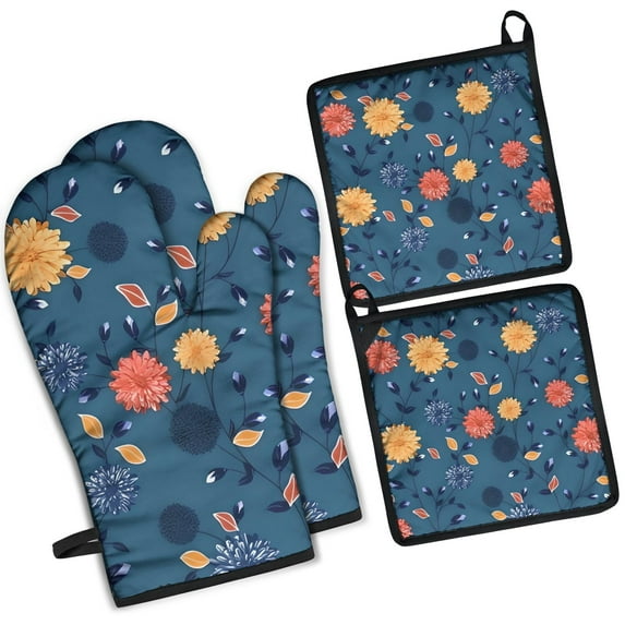Pioneer Flower Floral Print Pattern Kitchen Oven Mitt and Pot Holder Sets 4 Pcs for Baking, Cooking and Grilling, Heat Resistant Up To 392 °F