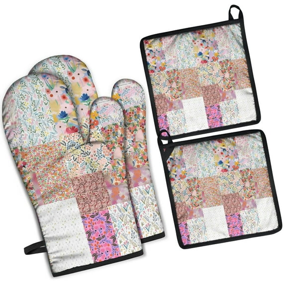 Pioneer Flower Floral Print Pattern Kitchen Oven Mitt and Pot Holder Sets 4 Pcs for Baking, Cooking and Grilling, Heat Resistant Up To 392 °F