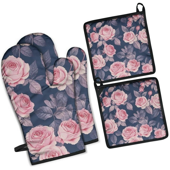 Pioneer Flower Floral Print Pattern Kitchen Oven Mitt and Pot Holder Sets 4 Pcs for Baking, Cooking and Grilling, Heat Resistant Up To 392 °F