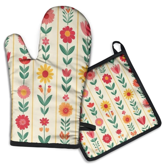 Pioneer Flower Floral Print Pattern Kitchen Oven Mitt and Pot Holder Sets 4 Pcs for Baking, Cooking and Grilling, Heat Resistant Up To 392 °F