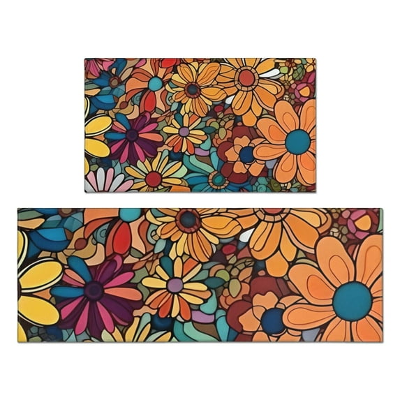 Pioneer Flower Floral Print Pattern Kitchen Rugs Sets Of 2,Anti Fatigue Kitchen Mat Rugs Non Slip Washable,Decorative Kitchen Floor Mats for Kitchen,Sink,Laundry,17"x30"+17"x47"