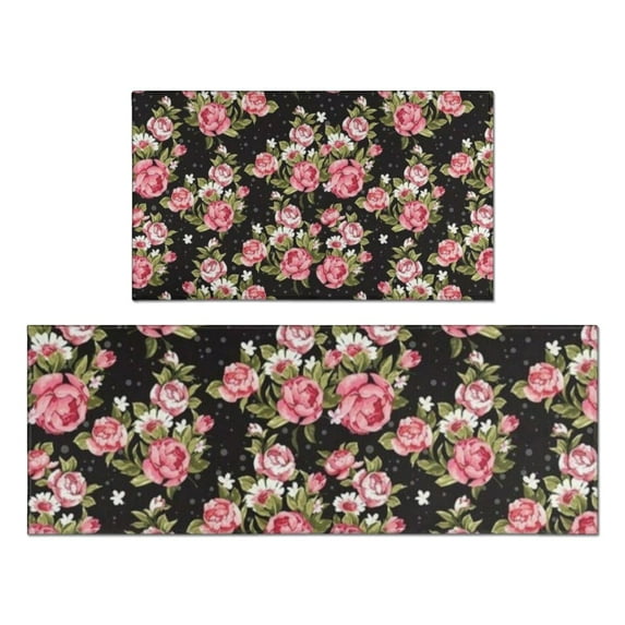 Pioneer Flower Floral Print Pattern Kitchen Rugs Sets Of 2,Anti Fatigue Kitchen Mat Rugs Non Slip Washable,Decorative Kitchen Floor Mats for Kitchen,Sink,Laundry,17"x30"+17"x47"