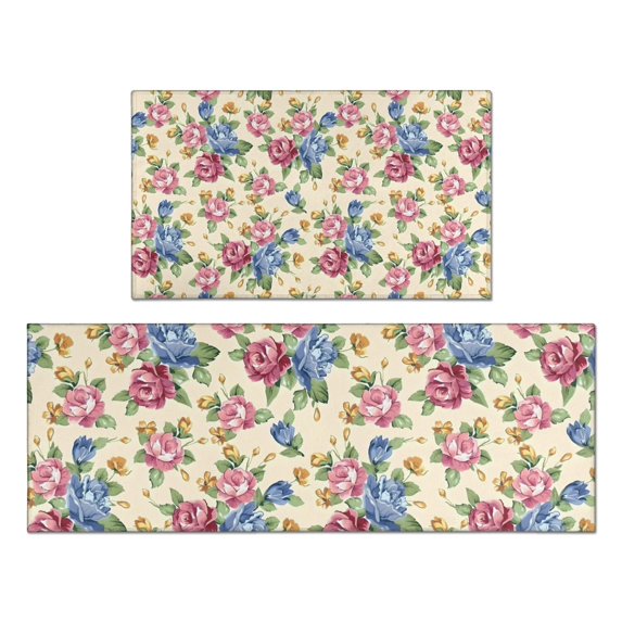Pioneer Flower Floral Print Pattern Kitchen Rugs Sets Of 2,Anti Fatigue Kitchen Mat Rugs Non Slip Washable,Decorative Kitchen Floor Mats for Kitchen,Sink,Laundry,17"x30"+17"x47"