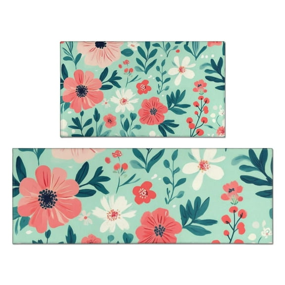 Pioneer Flower Floral Print Pattern Kitchen Rugs Sets Of 2,Anti Fatigue Kitchen Mat Rugs Non Slip Washable,Decorative Kitchen Floor Mats for Kitchen,Sink,Laundry,17"x30"+17"x47"