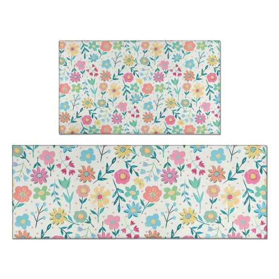 Pioneer Flower Floral Print Pattern Kitchen Rugs Sets Of 2,Anti Fatigue Kitchen Mat Rugs Non Slip Washable,Decorative Kitchen Floor Mats for Kitchen,Sink,Laundry,17"x30"+17"x47"