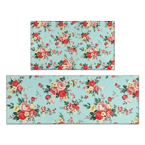Pioneer Flower Floral Print Pattern Kitchen Rugs Sets Of 2,Anti Fatigue Kitchen Mat Rugs Non Slip Washable,Decorative Kitchen Floor Mats for Kitchen,Sink,Laundry,17"x30"+17"x47"