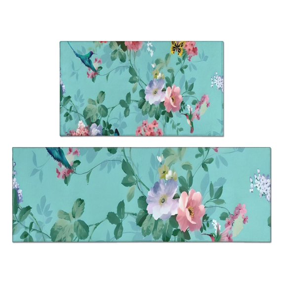 Pioneer Flower Floral Print Pattern Kitchen Rugs Sets Of 2,Anti Fatigue Kitchen Mat Rugs Non Slip Washable,Decorative Kitchen Floor Mats for Kitchen,Sink,Laundry,17"x30"+17"x47"