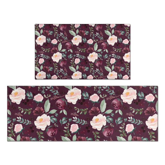 Pioneer Flower Floral Print Pattern Kitchen Rugs Sets Of 2,Anti Fatigue Kitchen Mat Rugs Non Slip Washable,Decorative Kitchen Floor Mats for Kitchen,Sink,Laundry,17"x30"+17"x47"