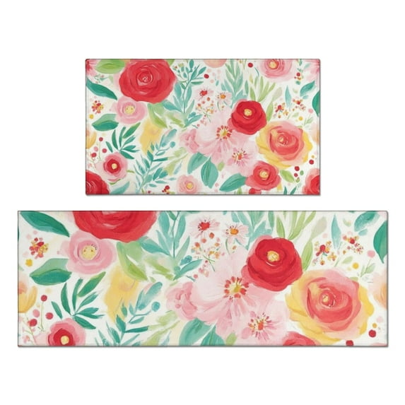 Pioneer Flower Floral Print Pattern Kitchen Rugs Sets Of 2,Anti Fatigue Kitchen Mat Rugs Non Slip Washable,Decorative Kitchen Floor Mats for Kitchen,Sink,Laundry,17"x30"+17"x47"