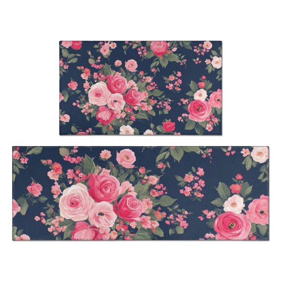 Pioneer Flower Floral Print Pattern Kitchen Rugs Sets Of 2,Anti Fatigue Kitchen Mat Rugs Non Slip Washable,Decorative Kitchen Floor Mats for Kitchen,Sink,Laundry,17"x30"+17"x47"