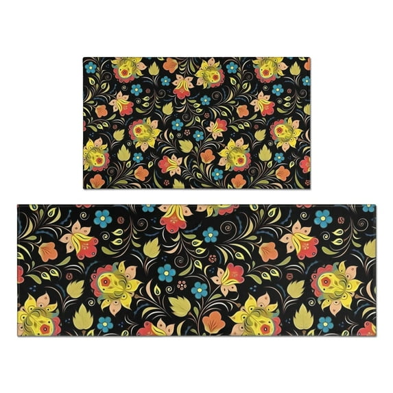 Pioneer Flower Floral Print Pattern Kitchen Rugs Sets Of 2,Anti Fatigue Kitchen Mat Rugs Non Slip Washable,Decorative Kitchen Floor Mats for Kitchen,Sink,Laundry,17"x30"+17"x47"