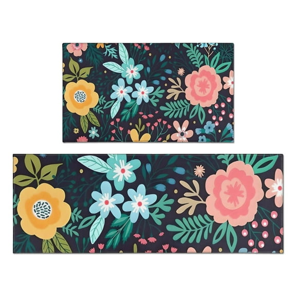 Pioneer Flower Floral Print Pattern Kitchen Rugs Sets Of 2,Anti Fatigue Kitchen Mat Rugs Non Slip Washable,Decorative Kitchen Floor Mats for Kitchen,Sink,Laundry,17"x30"+17"x47"