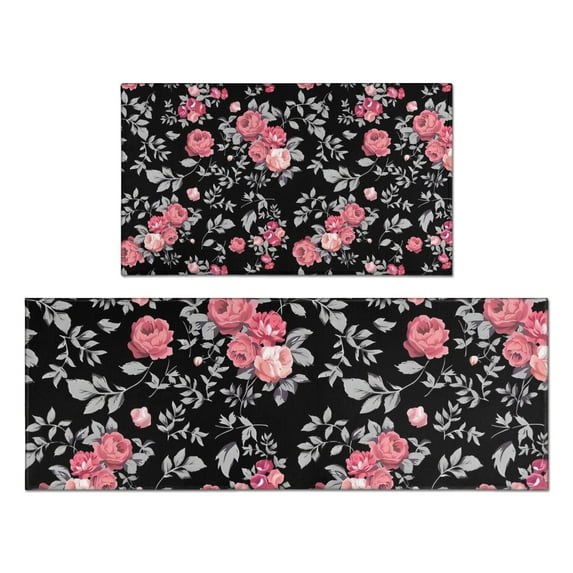 Pioneer Flower Floral Print Pattern Kitchen Rugs Sets Of 2,Anti Fatigue Kitchen Mat Rugs Non Slip Washable,Decorative Kitchen Floor Mats for Kitchen,Sink,Laundry,17"x30"+17"x47"