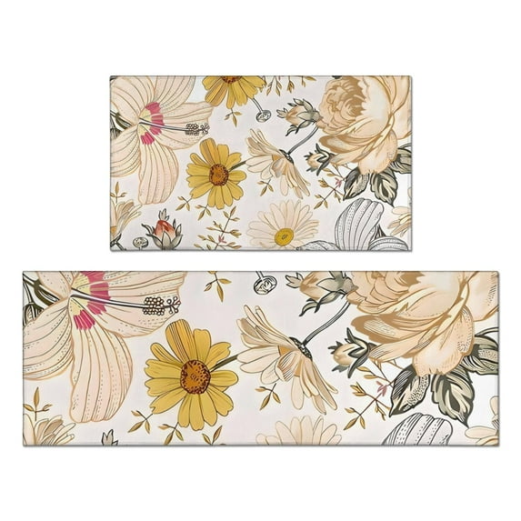 Pioneer Flower Floral Print Pattern Kitchen Rugs Sets Of 2,Anti Fatigue Kitchen Mat Rugs Non Slip Washable,Decorative Kitchen Floor Mats for Kitchen,Sink,Laundry,17"x30"+17"x47"